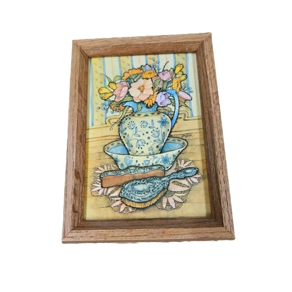 VTG 3D Bathroom Art Padded Textile Applique Framed‎ Fabric Dimensional Set Of 2